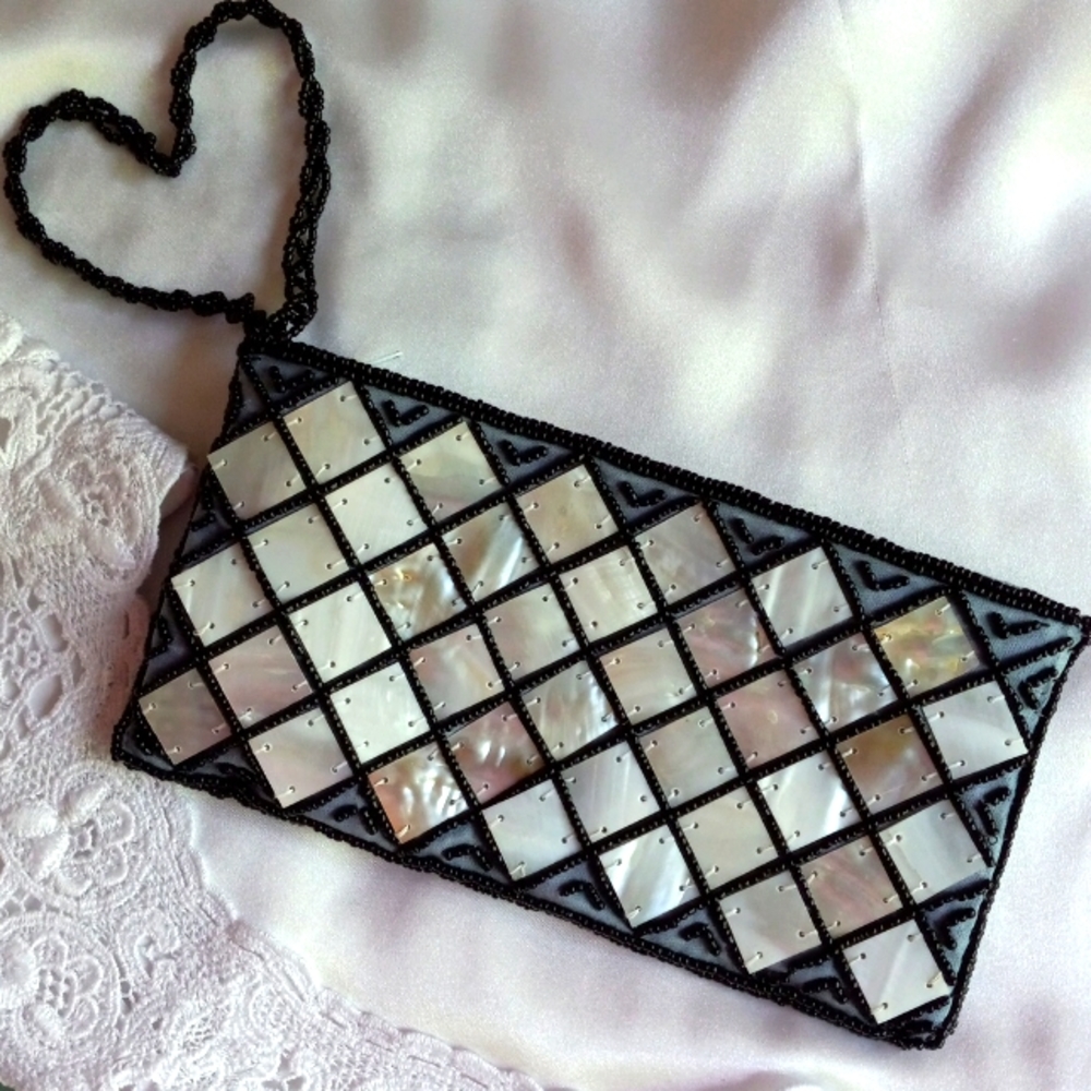 GORGEOUS Beaded Satin Evening Bag Clutch with Mother-of-Pearl Shell Squares!